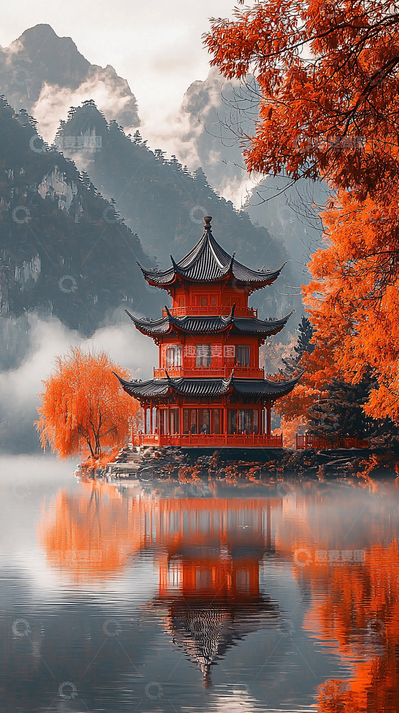 高清大图下载【趣麦麦图】中国风红色楼阁水面倒影