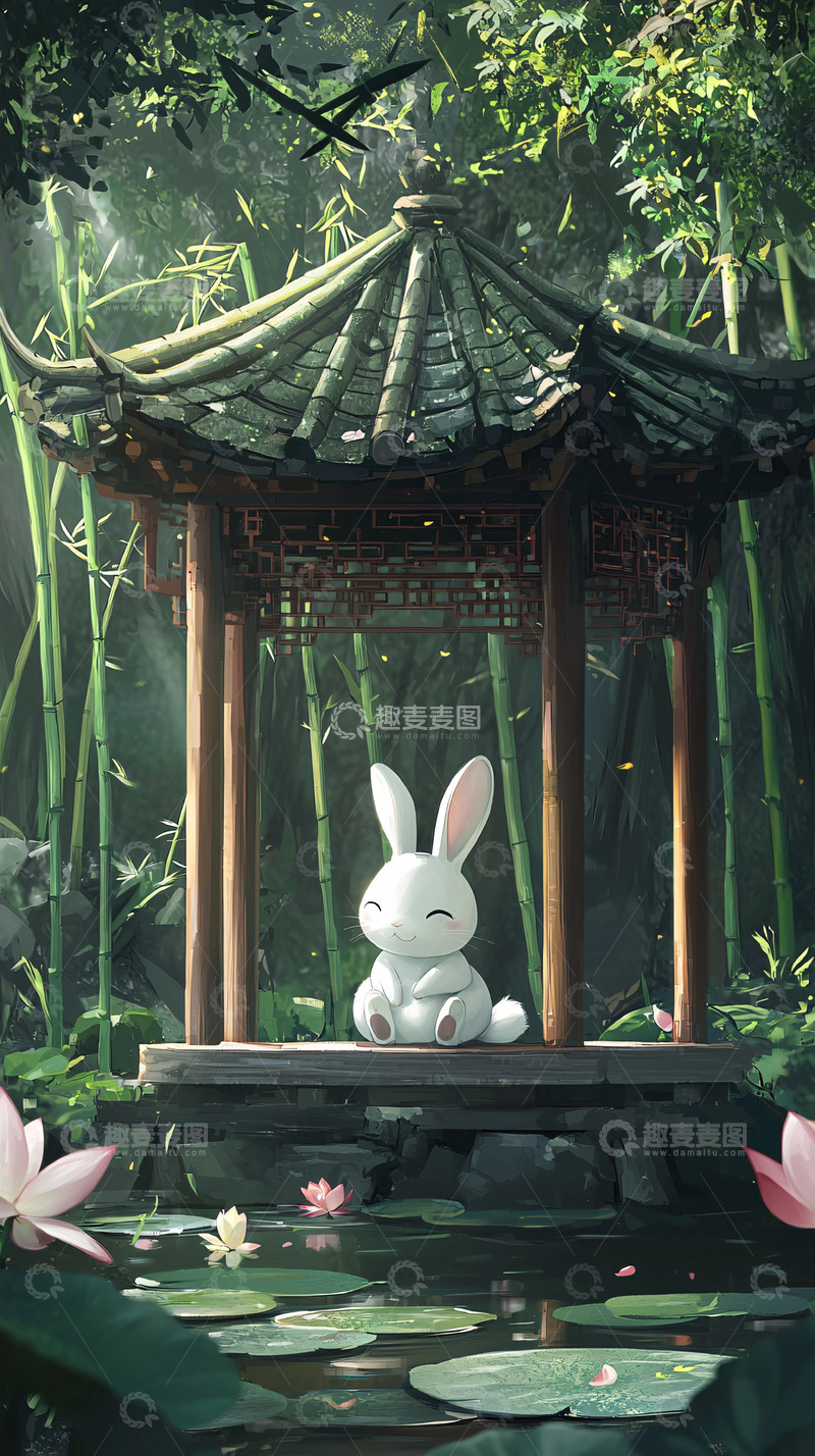 高清大图下载【趣麦麦图】水墨竹林白兔亭台