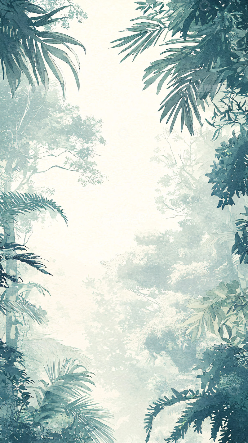 高清大图下载【趣麦麦图】青绿色热带雨林意境图