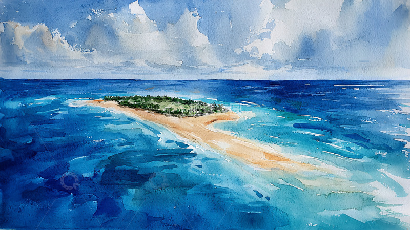 高清大图下载【趣麦麦图】热带小岛水彩画