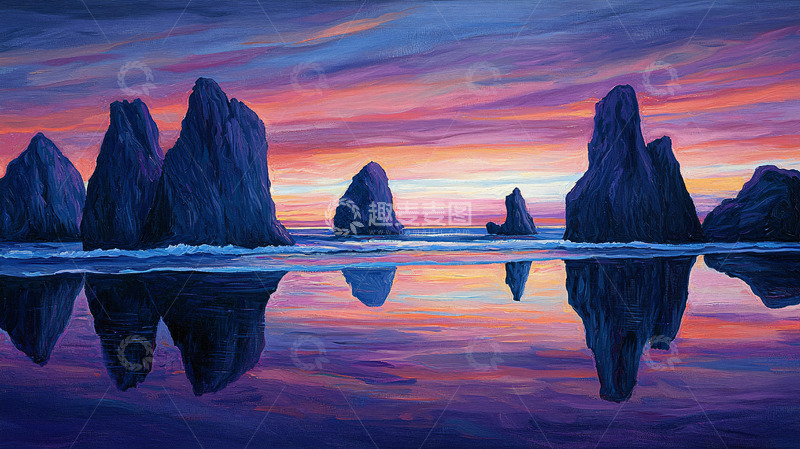 高清大图下载【趣麦麦图】日落海景岩石倒影