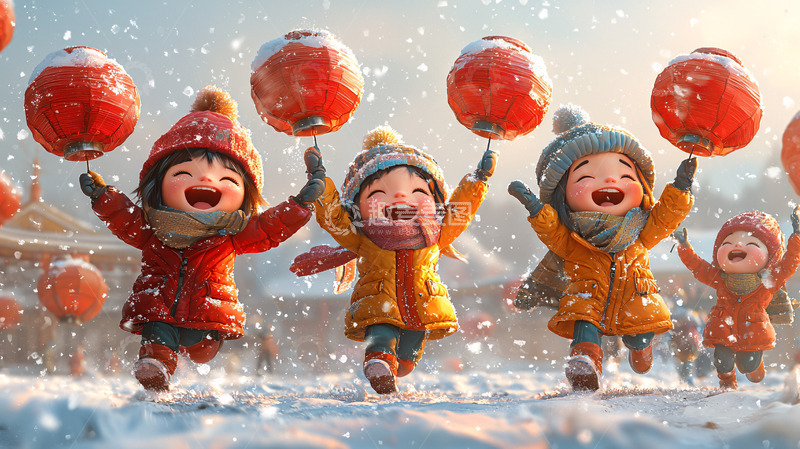 高清大图下载【趣麦麦图】可爱儿童雪景红灯笼