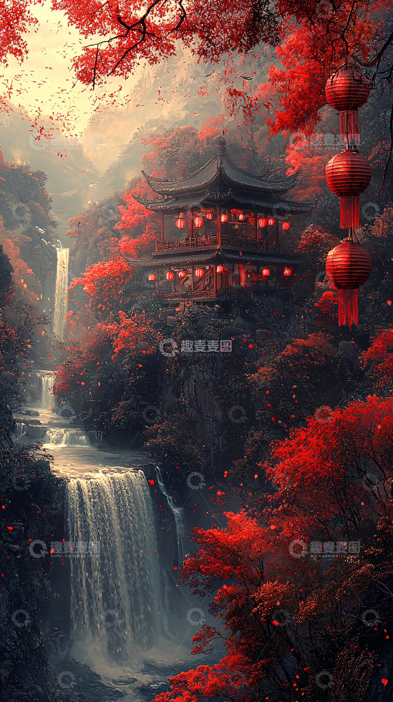 高清大图下载【趣麦麦图】红枫叶瀑布山间古建筑