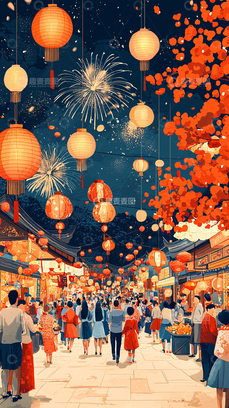 高清大图下载【趣麦麦图】夜幕下的灯笼与烟火街道