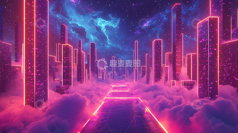 高清大图下载【趣麦麦图】霓虹灯城市云端之路