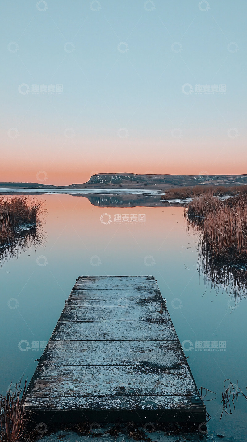 高清大图下载【趣麦麦图】平静湖面木质栈道日落