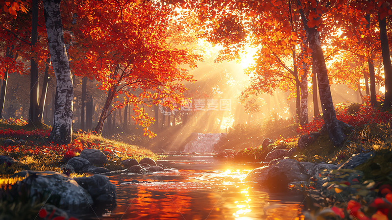 高清大图下载【趣麦麦图】秋日森林溪流阳光