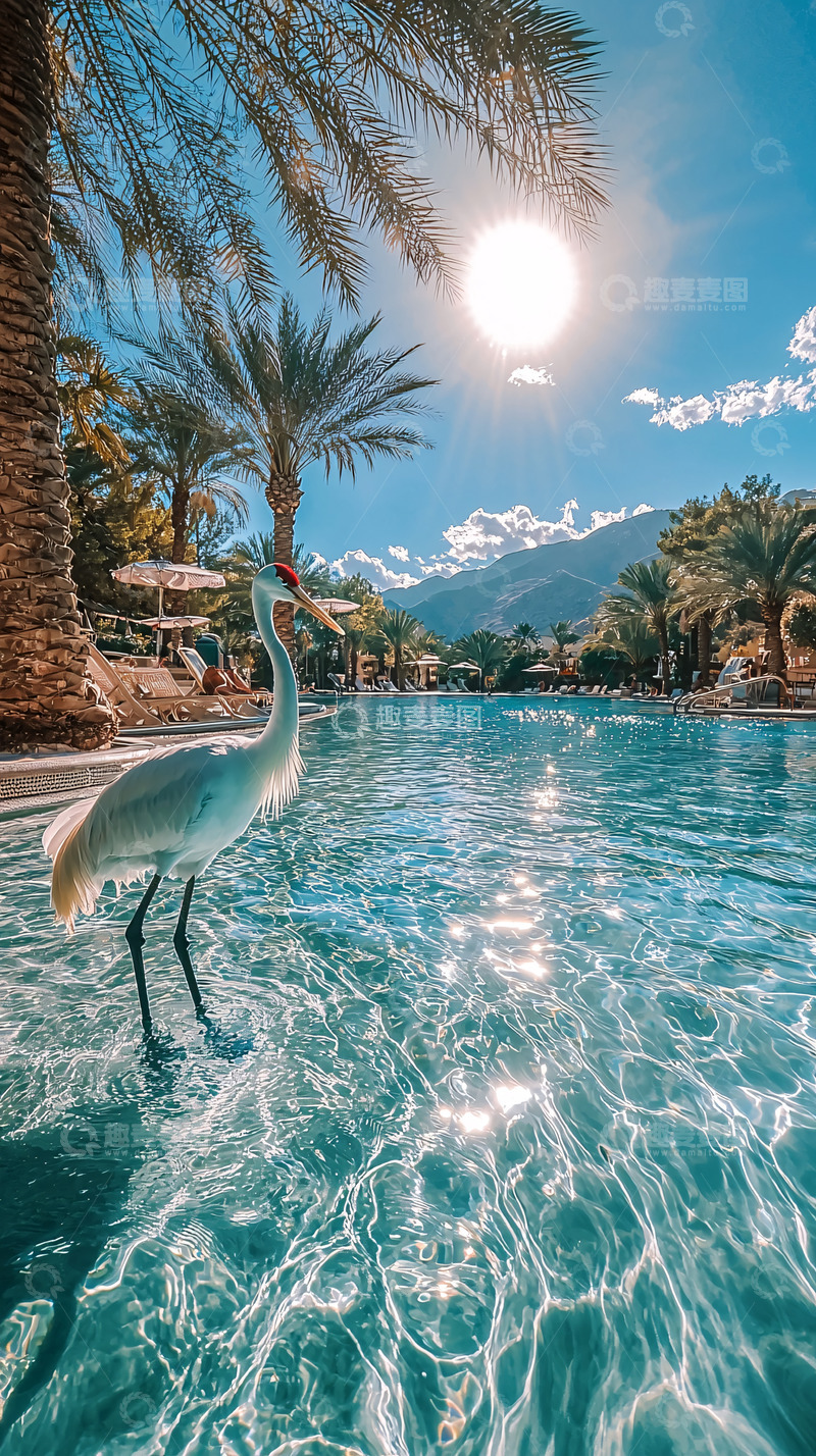 高清大图下载【趣麦麦图】阳光下泳池边的白鹭
