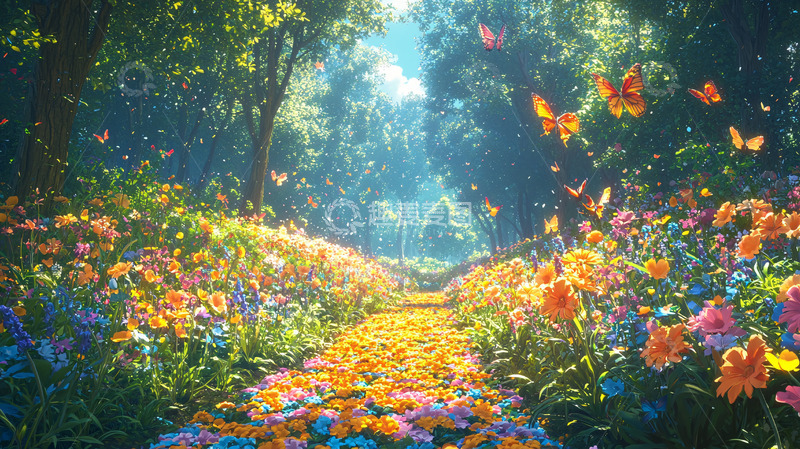 高清大图下载【趣麦麦图】梦幻森林花海蝴蝶