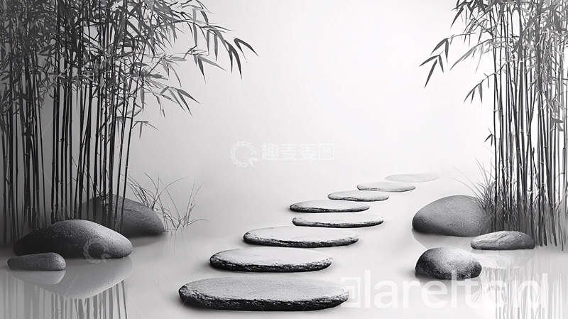 高清大图下载【趣麦麦图】黑白水墨竹林小径