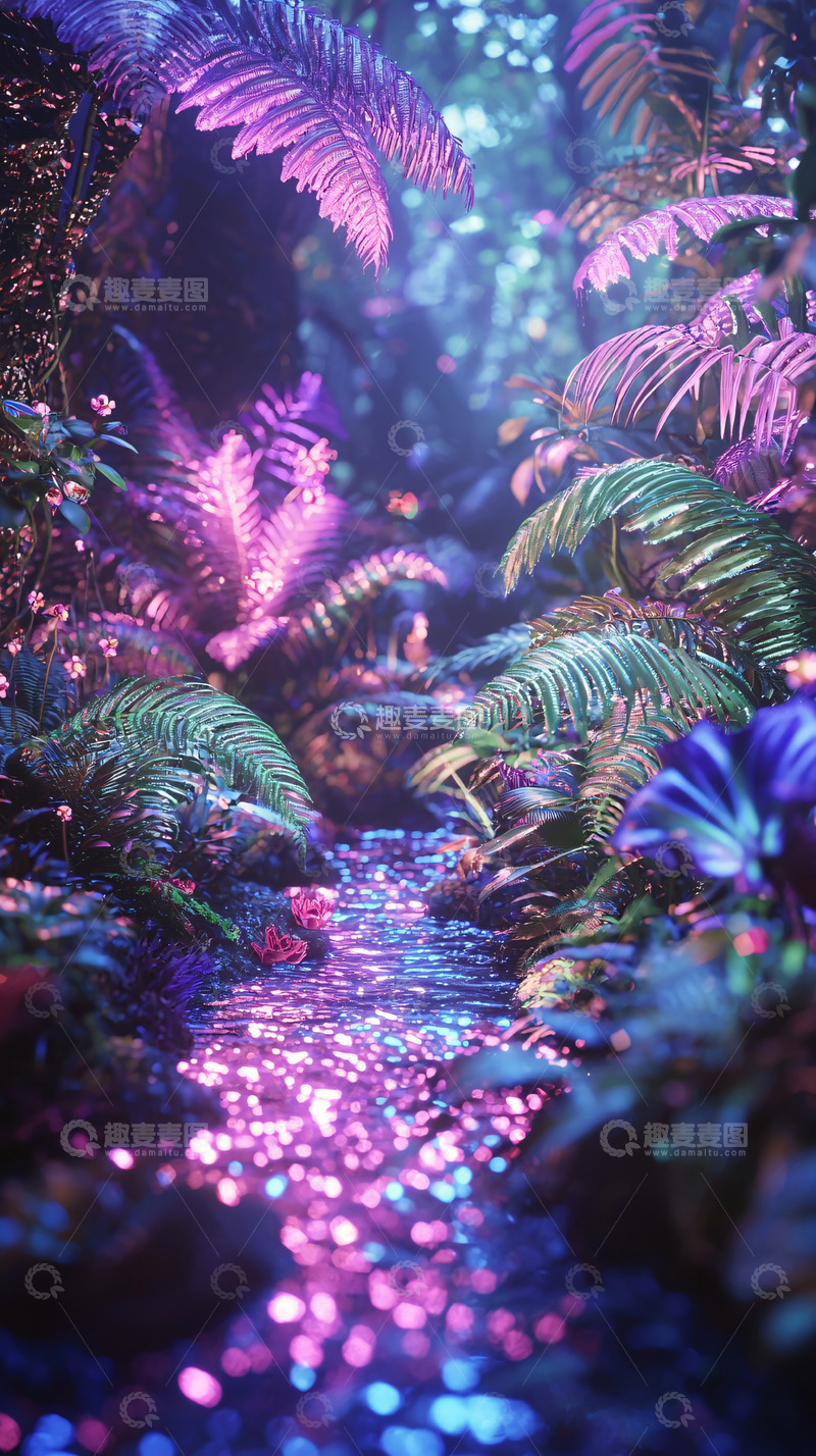 高清大图下载【趣麦麦图】梦幻紫光森林溪流