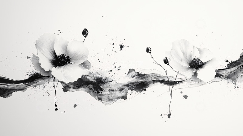 高清大图下载【趣麦麦图】黑白罂粟花水墨画