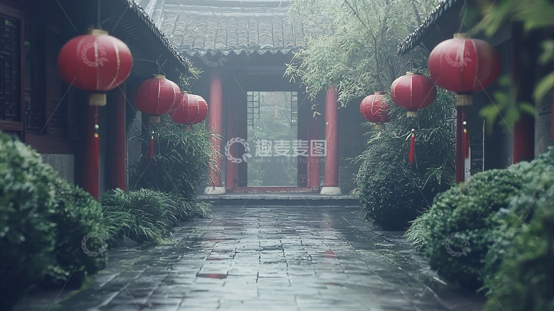高清大图下载【趣麦麦图】古色古香的雨天中式庭院