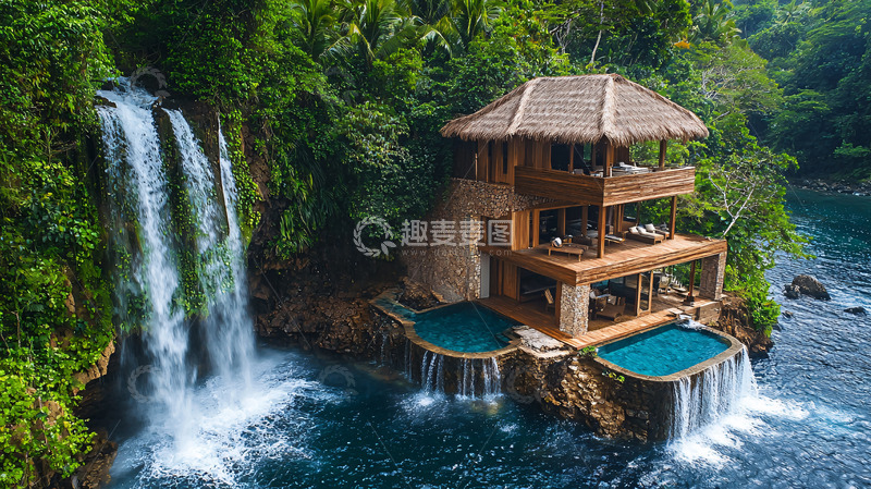 高清大图下载【趣麦麦图】瀑布边的度假别墅