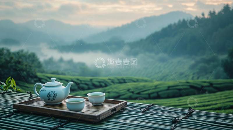 高清大图下载【趣麦麦图】茶壶茶杯山景雾气