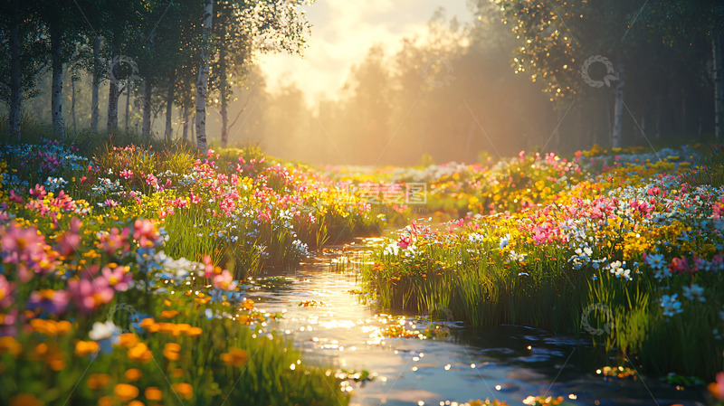 高清大图下载【趣麦麦图】阳光森林小溪鲜花