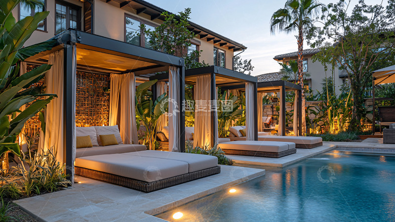 高清大图下载【趣麦麦图】泳池边的豪华休闲凉亭