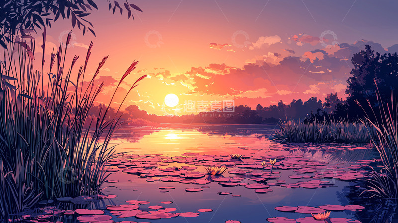 高清大图下载【趣麦麦图】日落湖边芦苇风景