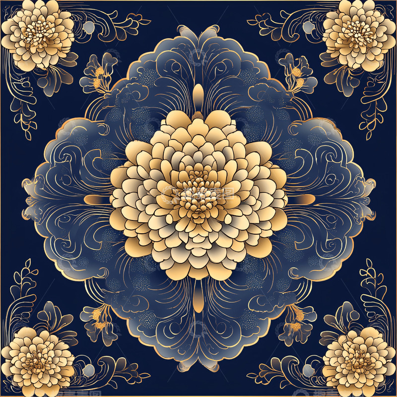 高清大图下载【趣麦麦图】中国风蓝色金色花纹背景