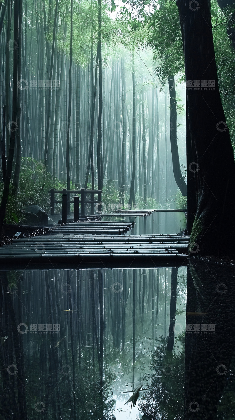高清大图下载【趣麦麦图】雾气弥漫的竹林小道
