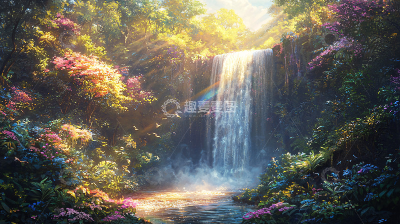 高清大图下载【趣麦麦图】阳光森林瀑布