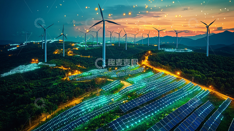 高清大图下载【趣麦麦图】夜幕下的风力发电和光伏电站