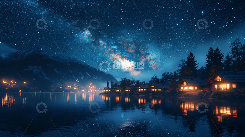高清大图下载【趣麦麦图】星空下的湖边小屋