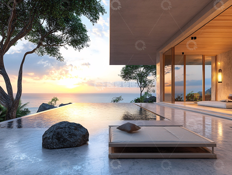 高清大图下载【趣麦麦图】海边别墅无边泳池日落