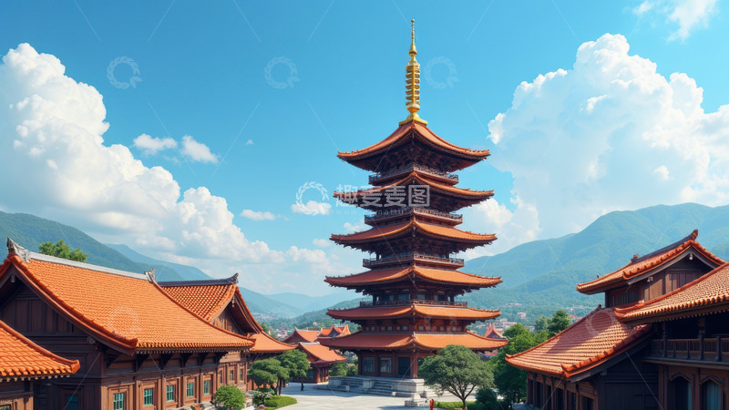 高清大图下载【趣麦麦图】群山中多层塔楼建筑