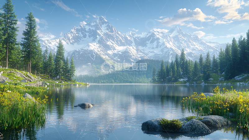 高清大图下载【趣麦麦图】宁静的湖面雪山森林