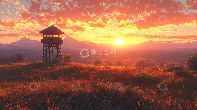 高清大图下载【趣麦麦图】田园日落观景塔