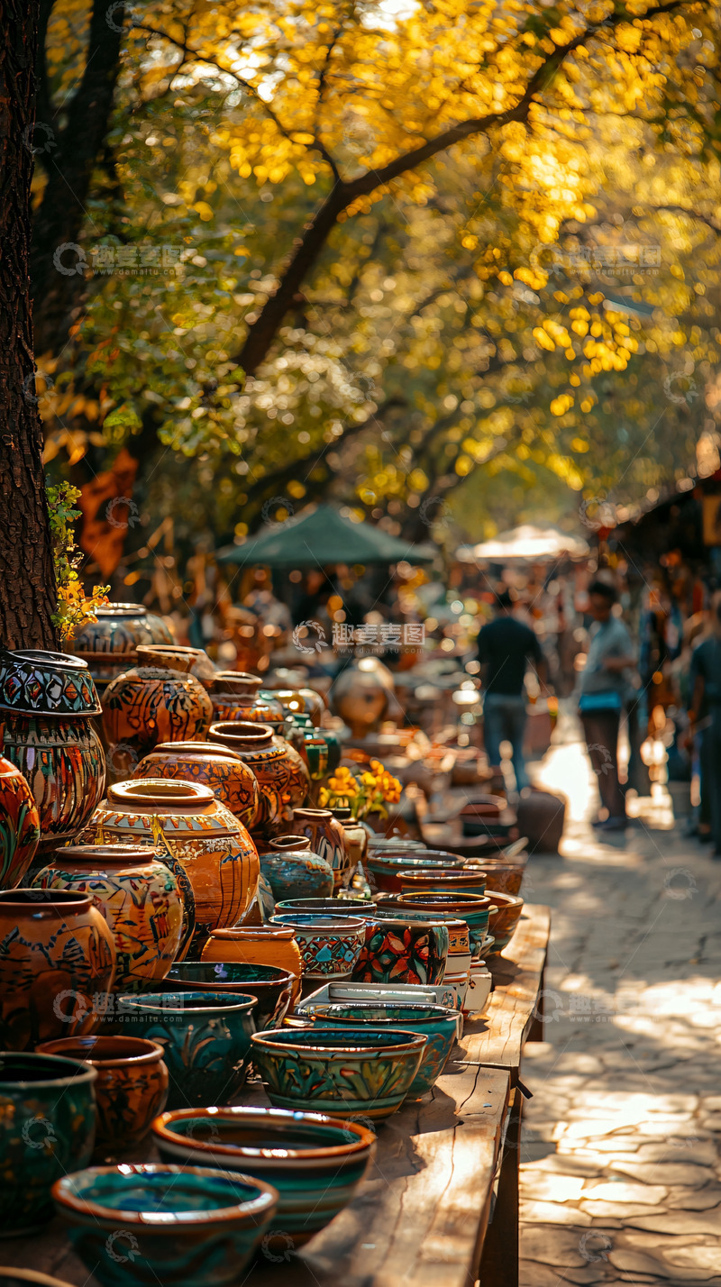 高清大图下载【趣麦麦图】秋日集市上的陶器摊位