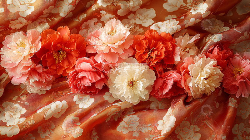 高清大图下载【趣麦麦图】鲜艳花朵排列在柔滑丝绸上