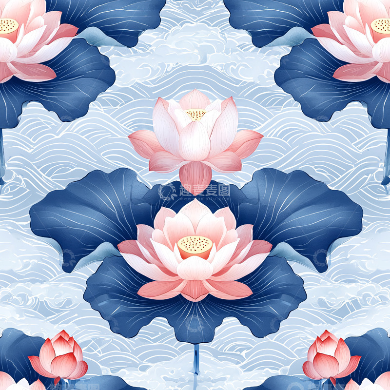 高清大图下载【趣麦麦图】粉色莲花蓝色叶子水波纹背景