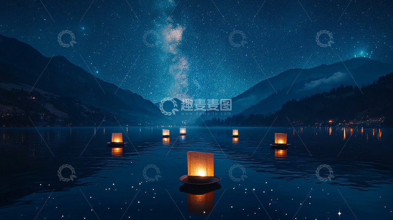 高清大图下载【趣麦麦图】湖面漂浮灯笼的夜晚