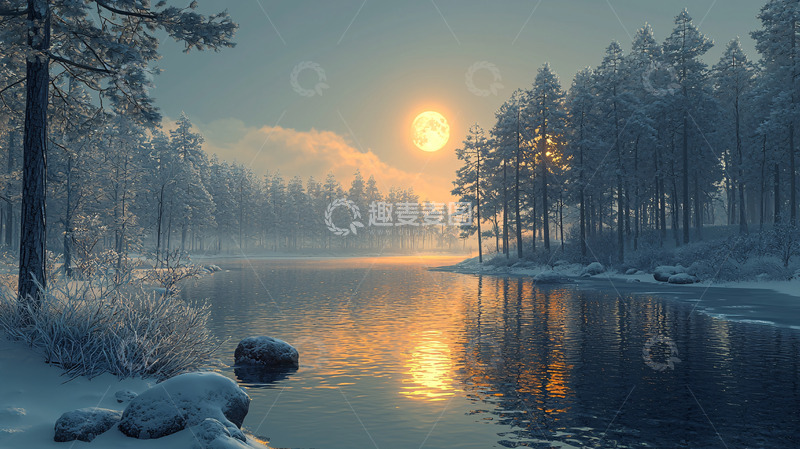 高清大图下载【趣麦麦图】冬日湖面日出森林倒影