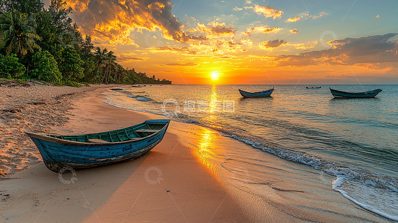高清大图下载【趣麦麦图】海边日落小船景色