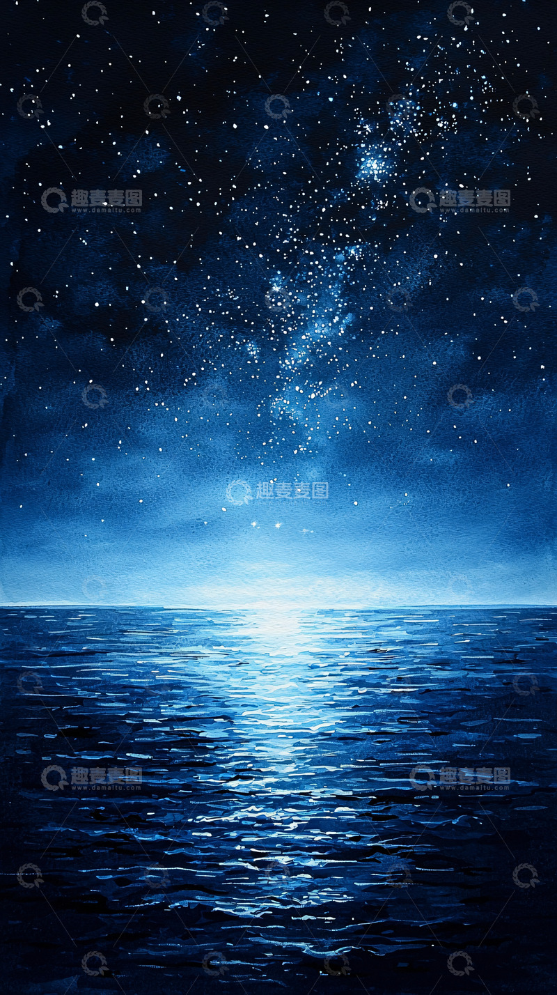 高清大图下载【趣麦麦图】深蓝夜空下的平静海面