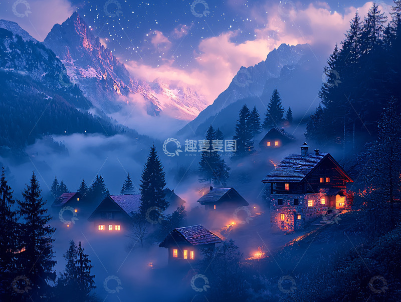 高清大图下载【趣麦麦图】夜晚山中小屋