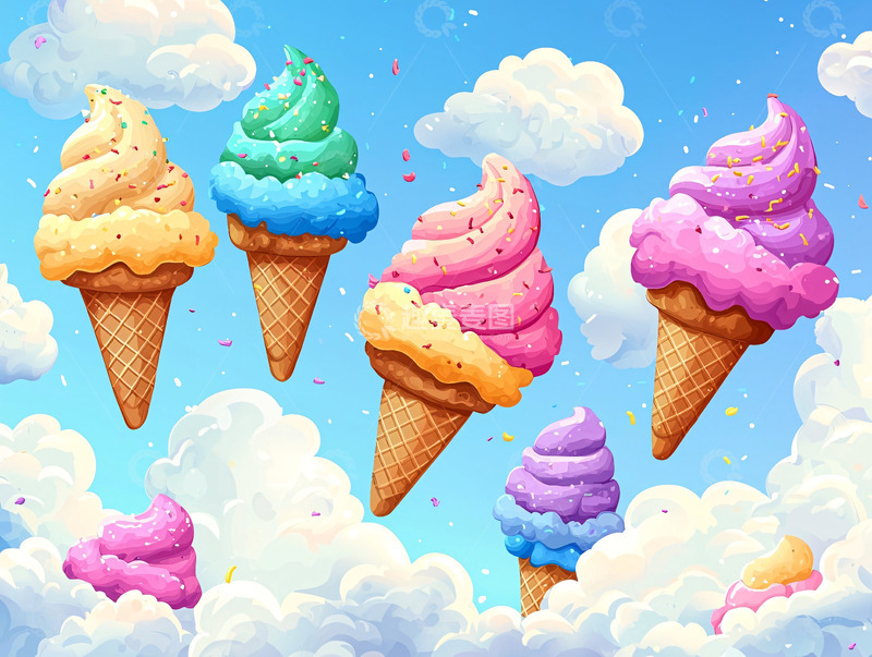 高清大图下载【趣麦麦图】彩色冰淇淋在云朵上