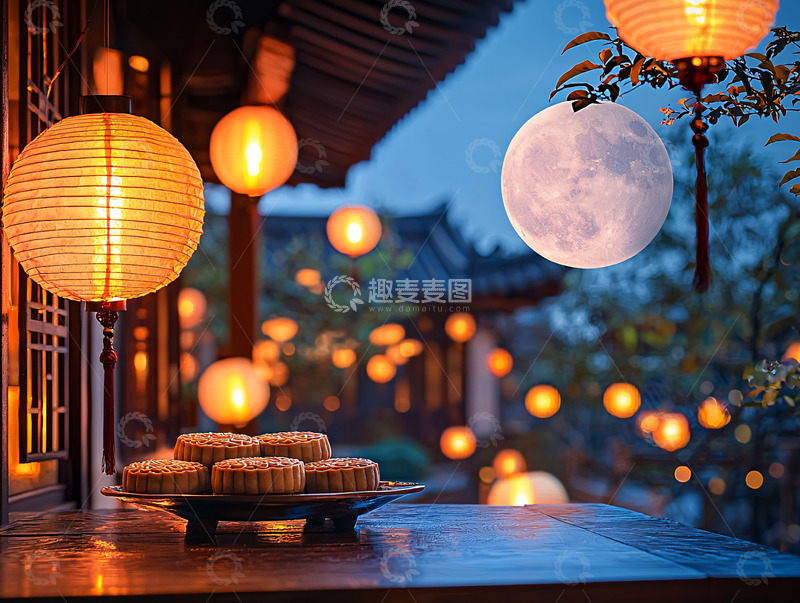 高清大图下载【趣麦麦图】中秋节夜晚的灯笼和月亮