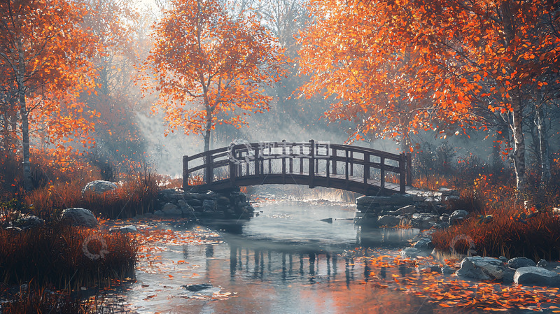 高清大图下载【趣麦麦图】秋日小桥流水如画