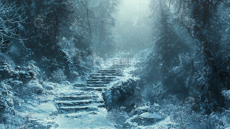 高清大图下载【趣麦麦图】雪后森林小路台阶