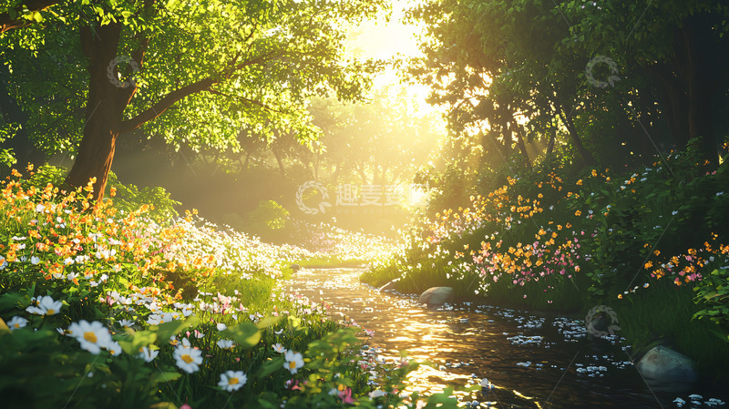 高清大图下载【趣麦麦图】阳光穿过树林的溪流