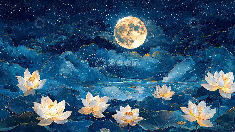 高清大图下载【趣麦麦图】唯美星空月夜下的荷花池