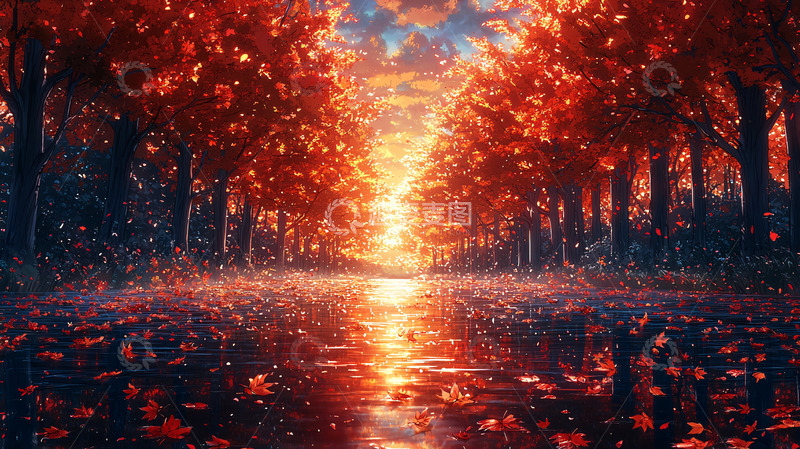 高清大图下载【趣麦麦图】秋日落叶小路橙红光辉