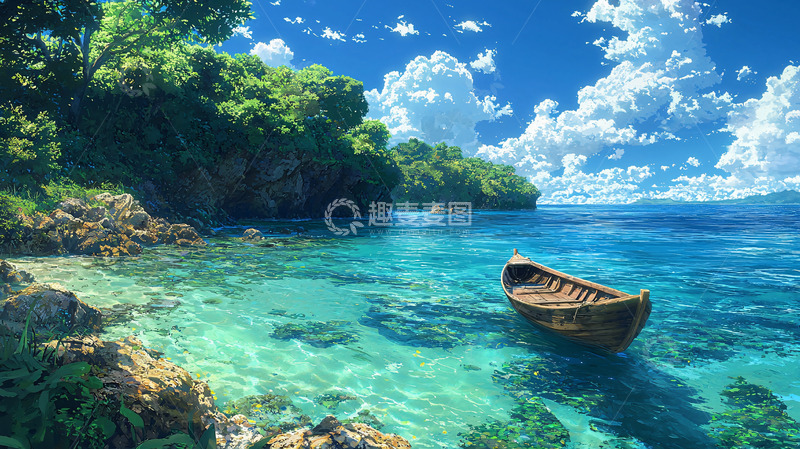 高清大图下载【趣麦麦图】清澈海水中的小船