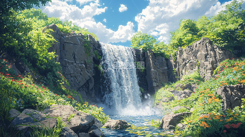 高清大图下载【趣麦麦图】瀑布流水在葱郁山间的风景