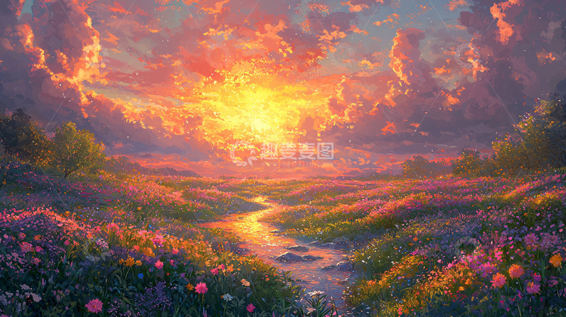 高清大图下载【趣麦麦图】梦幻般的日落花田小溪