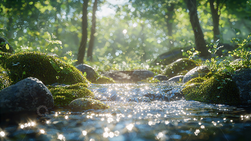 高清大图下载【趣麦麦图】阳光穿透树林照亮溪流